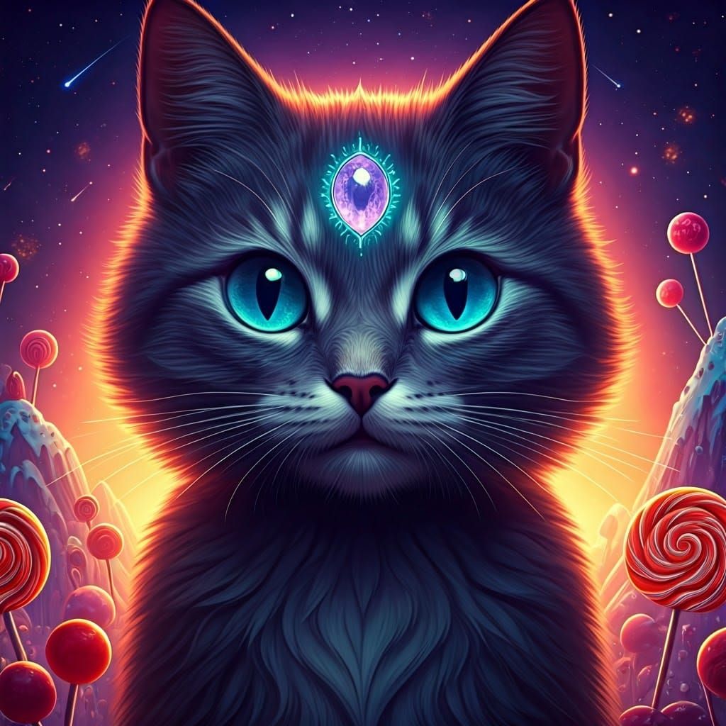 Whimsical Cat Witch Reigns in Vibrant Cosmic Candy Kingdom
