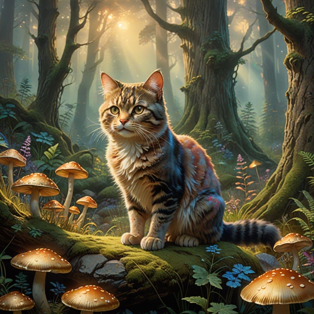 Daniel Boone Cat in Ethereal Wilderness, Kinkade Style
