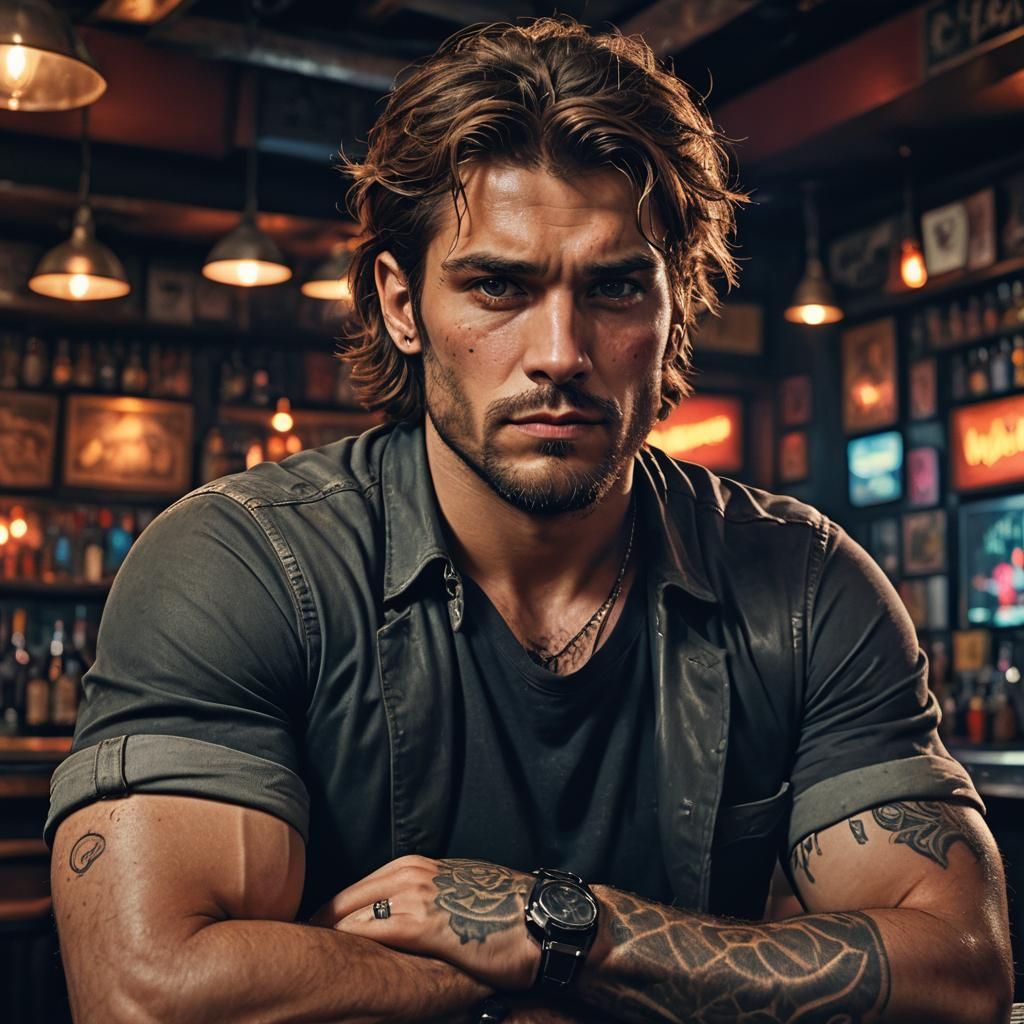 Intense Gaze in Neon-Noir Metal Bar