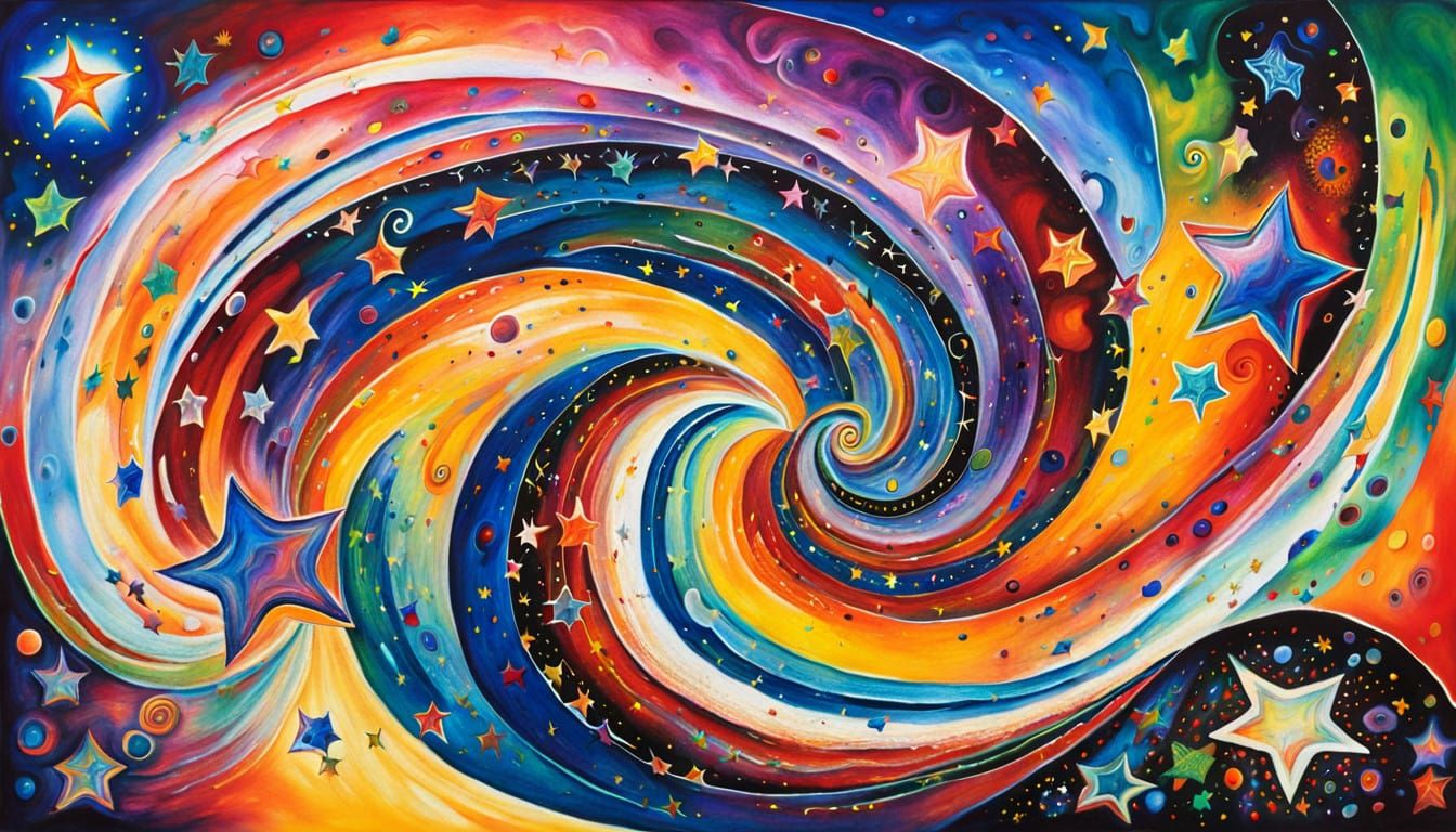 3D stars; 3D stars close-up; deep 3D vortex tunnel funnel; high-speed plasma swirls of star formation; vibrant iridescen...