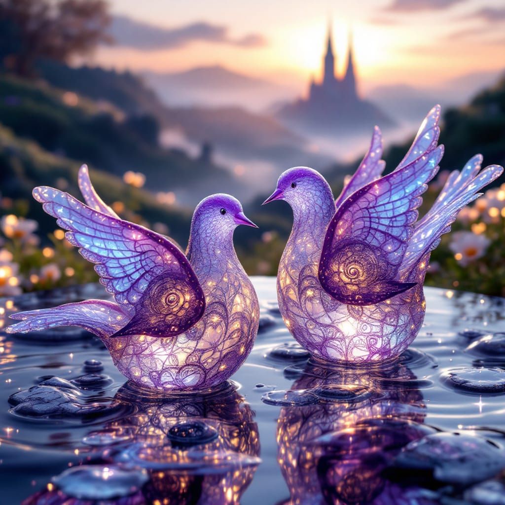 Iridescent Glass Birds in Dreamy Fractal Art