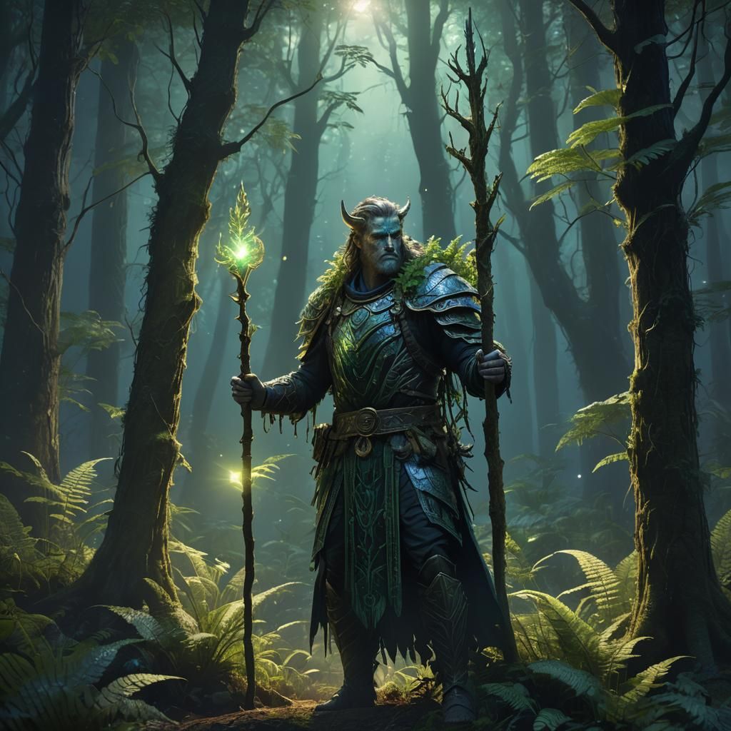 Mystical Forest Guardian with Glowing Staff