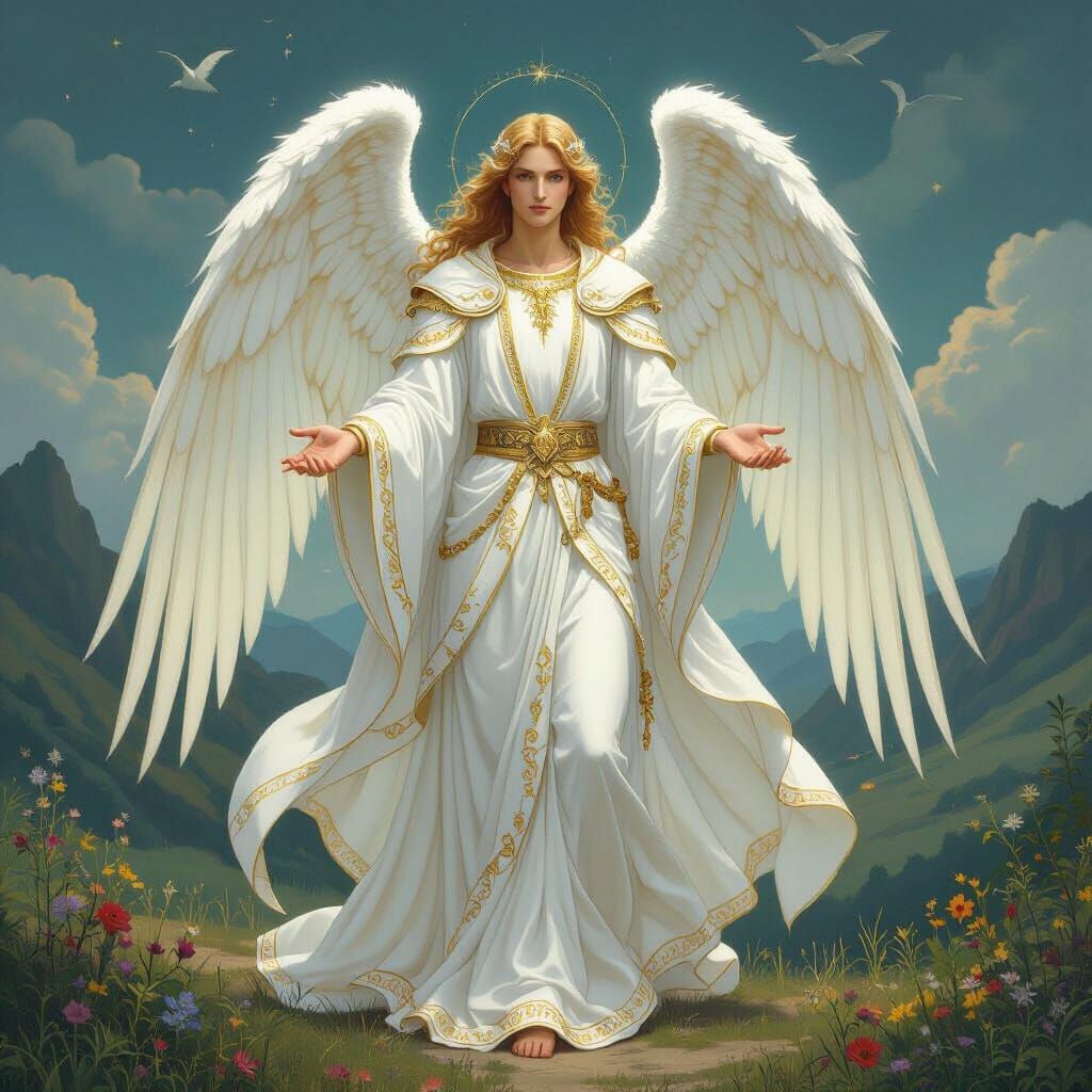 Archangel Uriel in Ethereal Heavenly Landscape