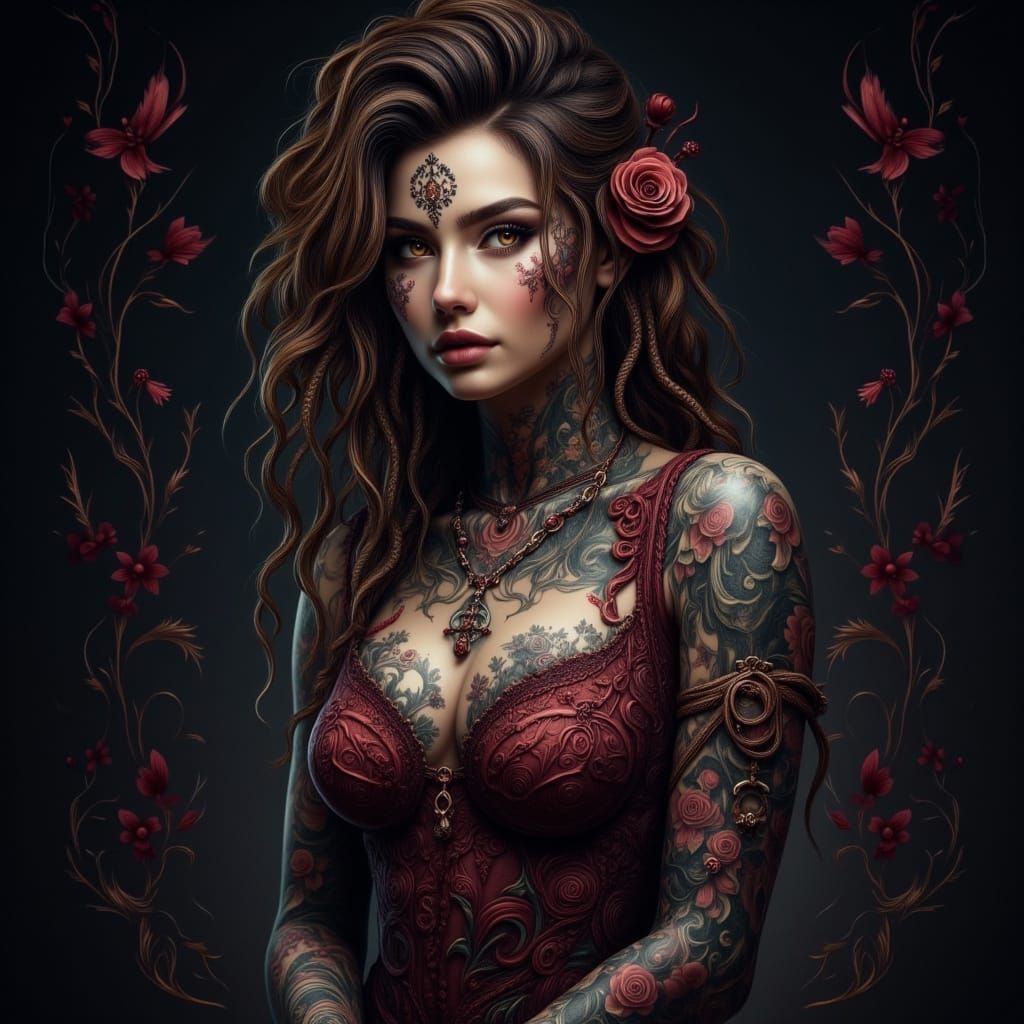 Elegant Woman Portrait with Baroque Tattoos and Floral Desig...