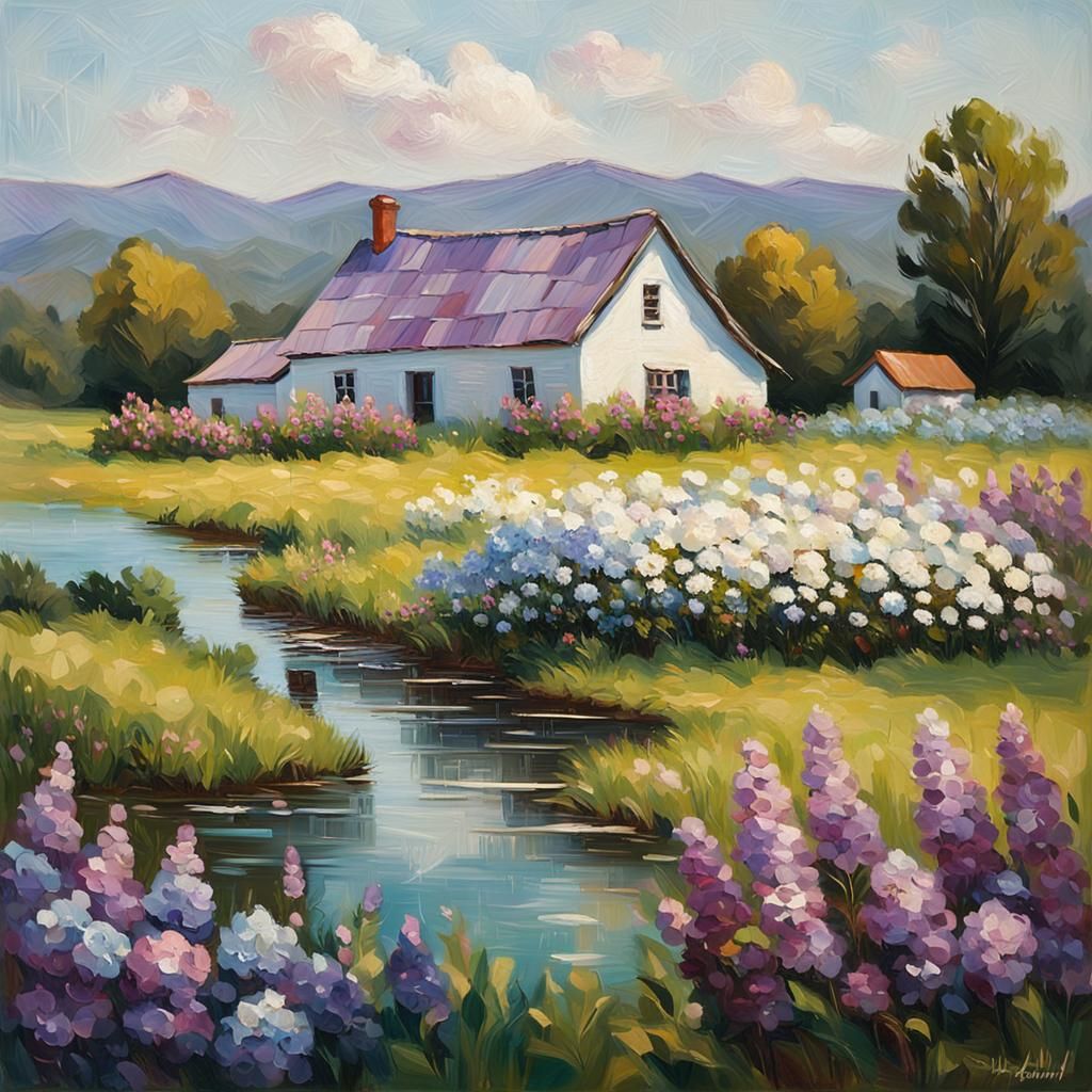 Idyllic Landscape Painting in Impressionist Style