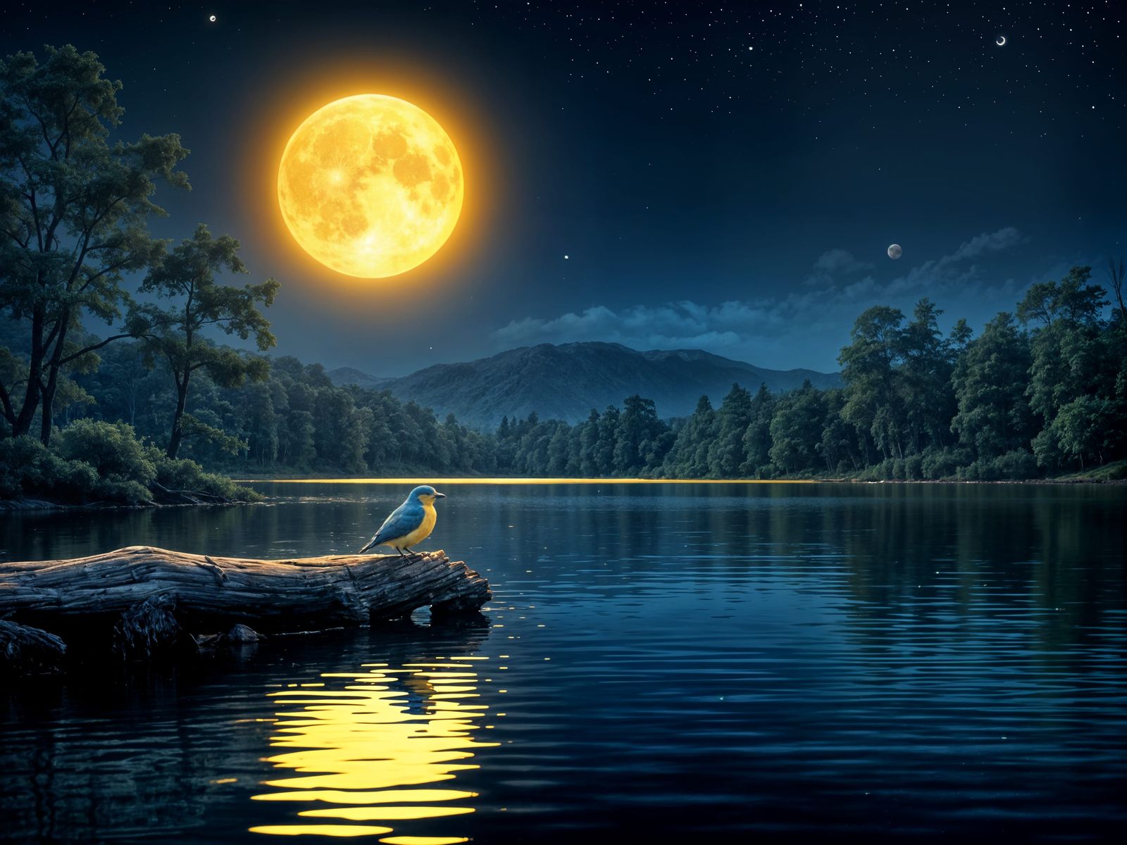 Tranquil Lake at Night with Golden Moon