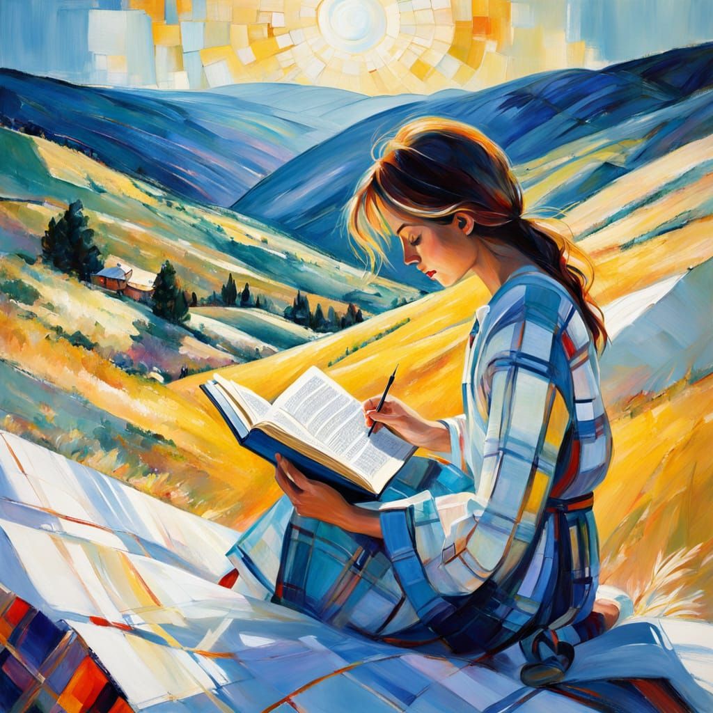 Woman Reading Book: Academic Painting with Azure Sky