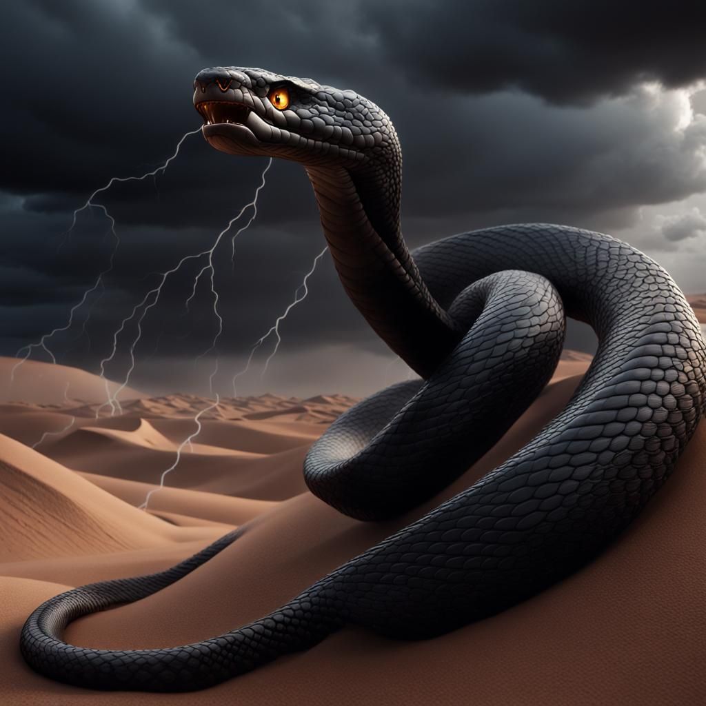 Black Cobra in Desert Thunderstorm: Fantasy Concept Art