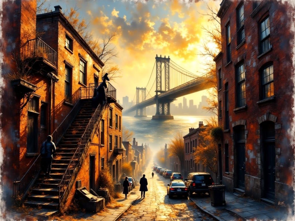 Brooklyn Fire Escape at Sunset in Watercolor Style