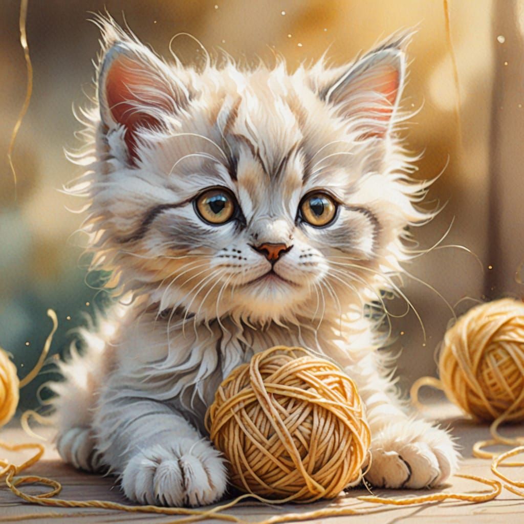 Cute Kitten Plays with Yarn in Watercolor Style