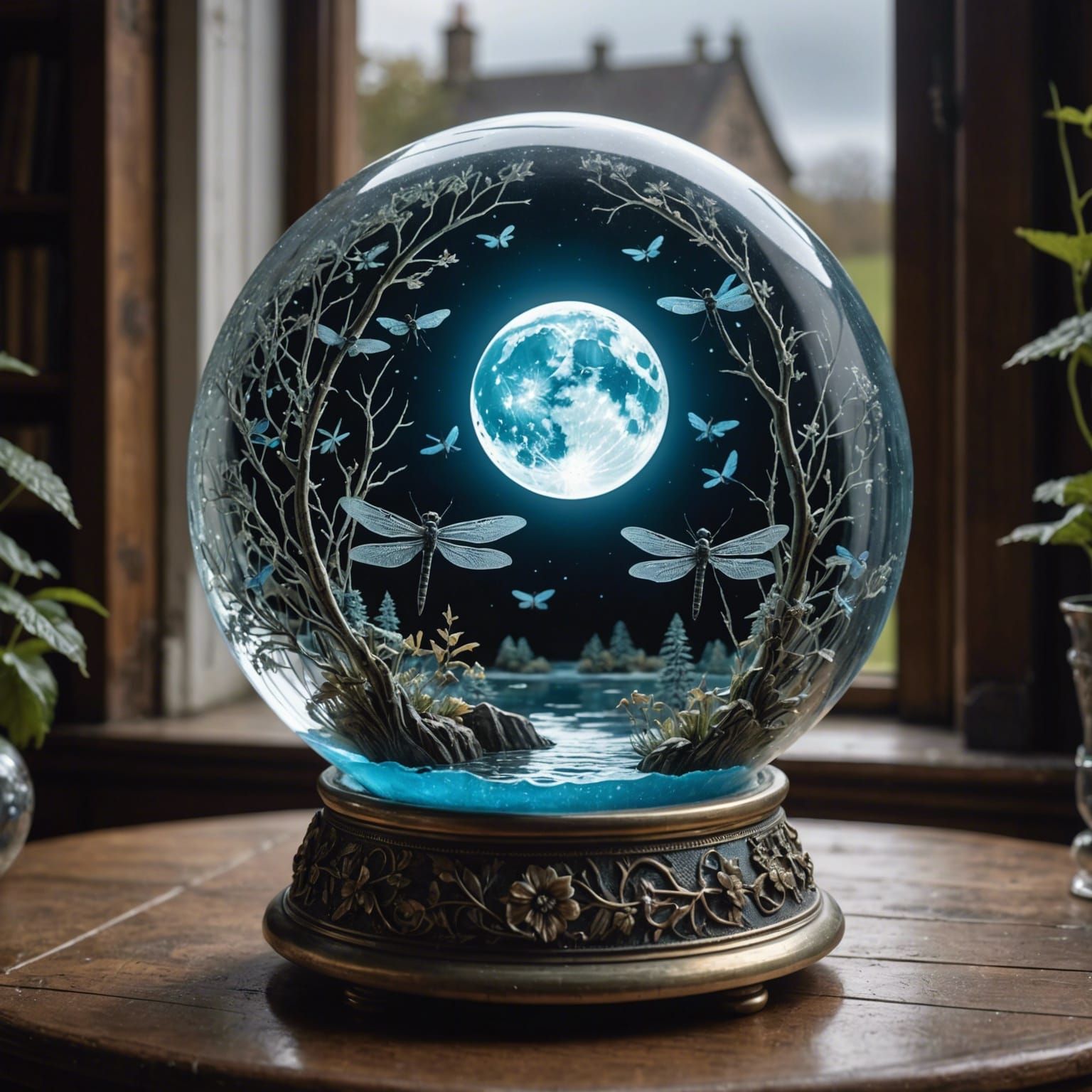 A snow globe holding a full moon and dragonflies moonbeams,