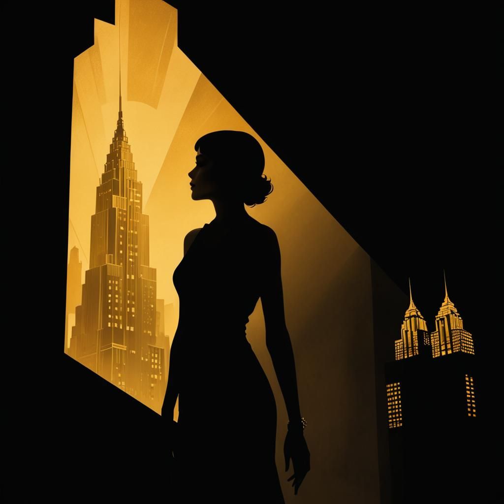 Art Deco Woman Silhouette with Golden Skyscraper