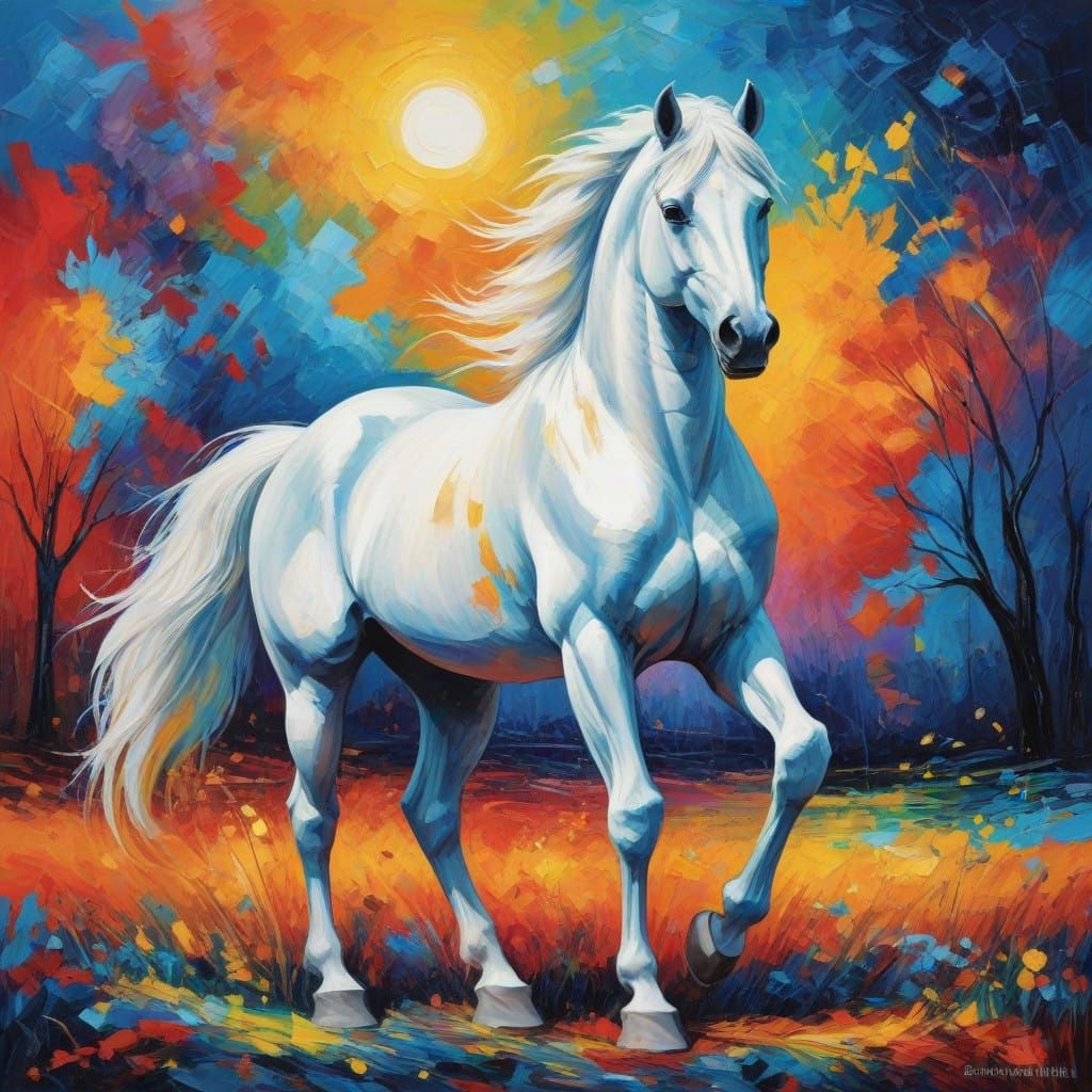 Majestic White Horse in Vibrant Impressionist Landscape