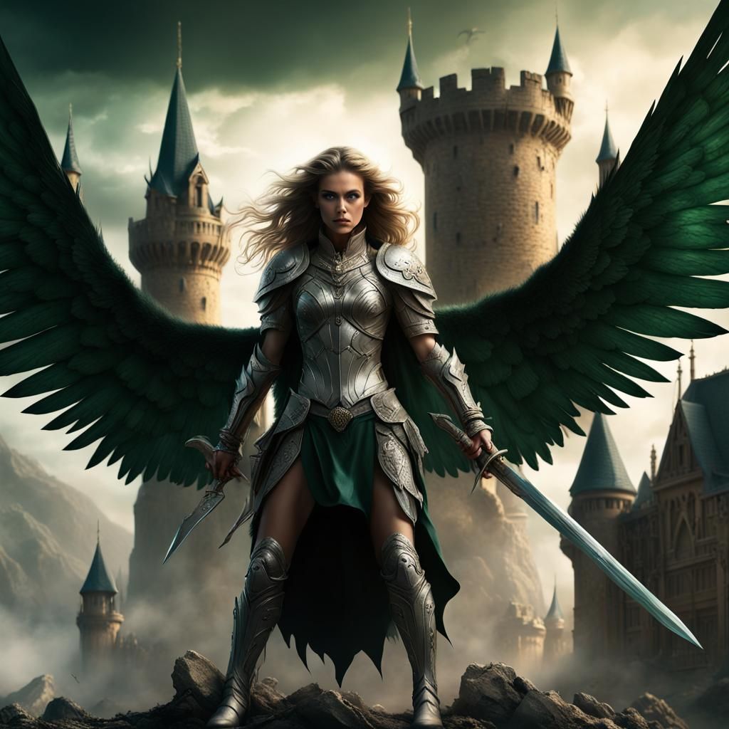 Goddess Warrior with Raptor Wings and Emerald Eyes