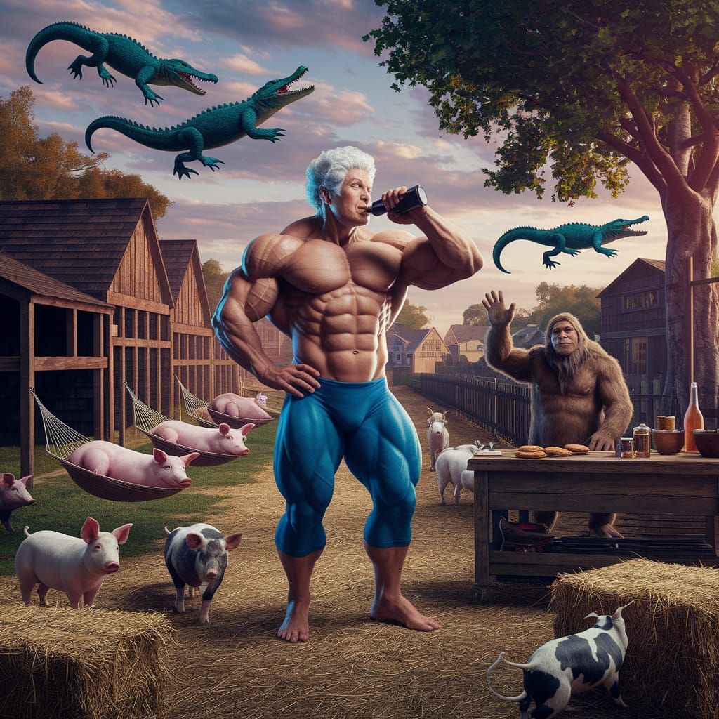Surreal Barnyard Scene with Muscular Grandma and Fantastical...