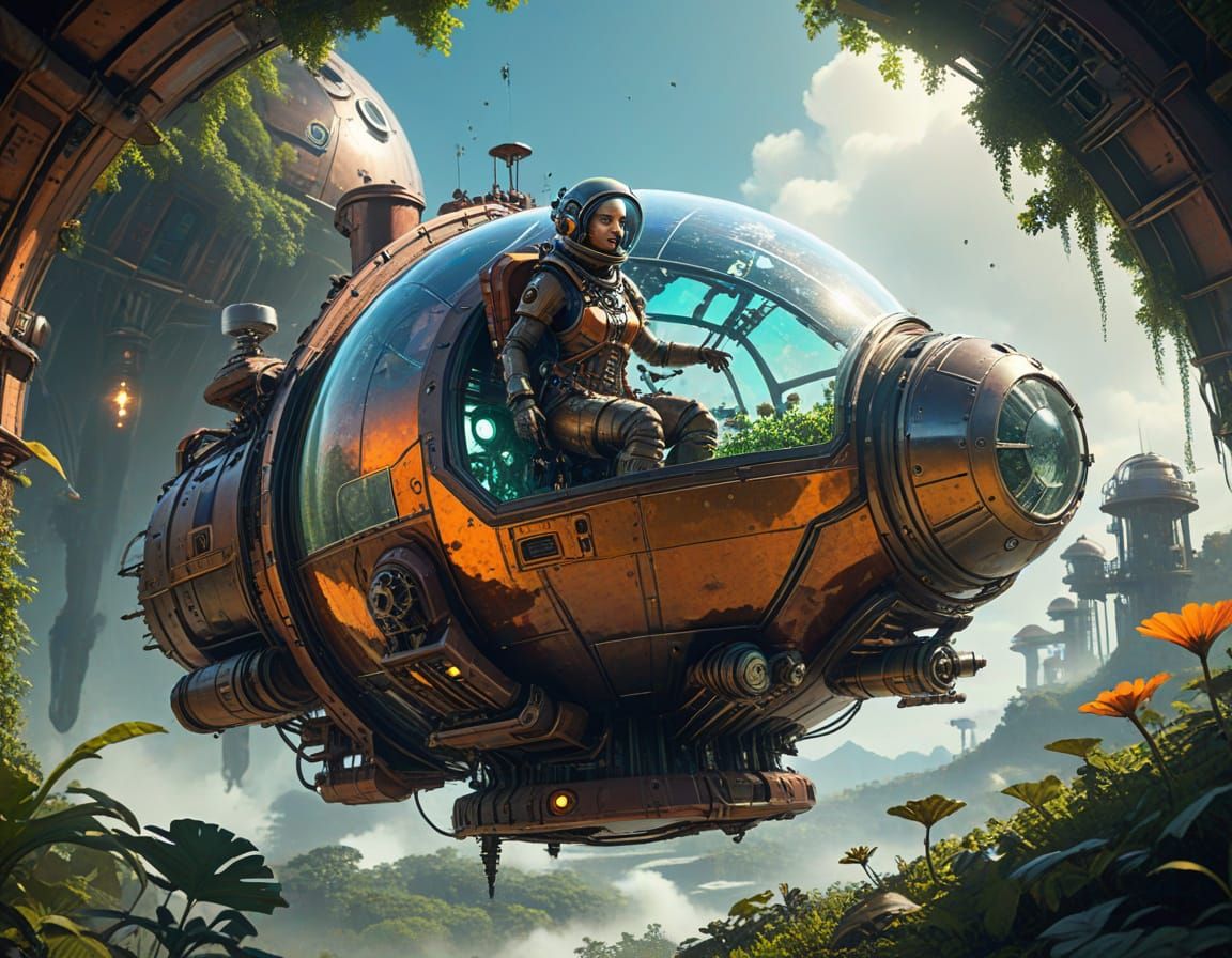 Surreal Steampunk Astronaut Emerges in Eco-Floating Cityscap...