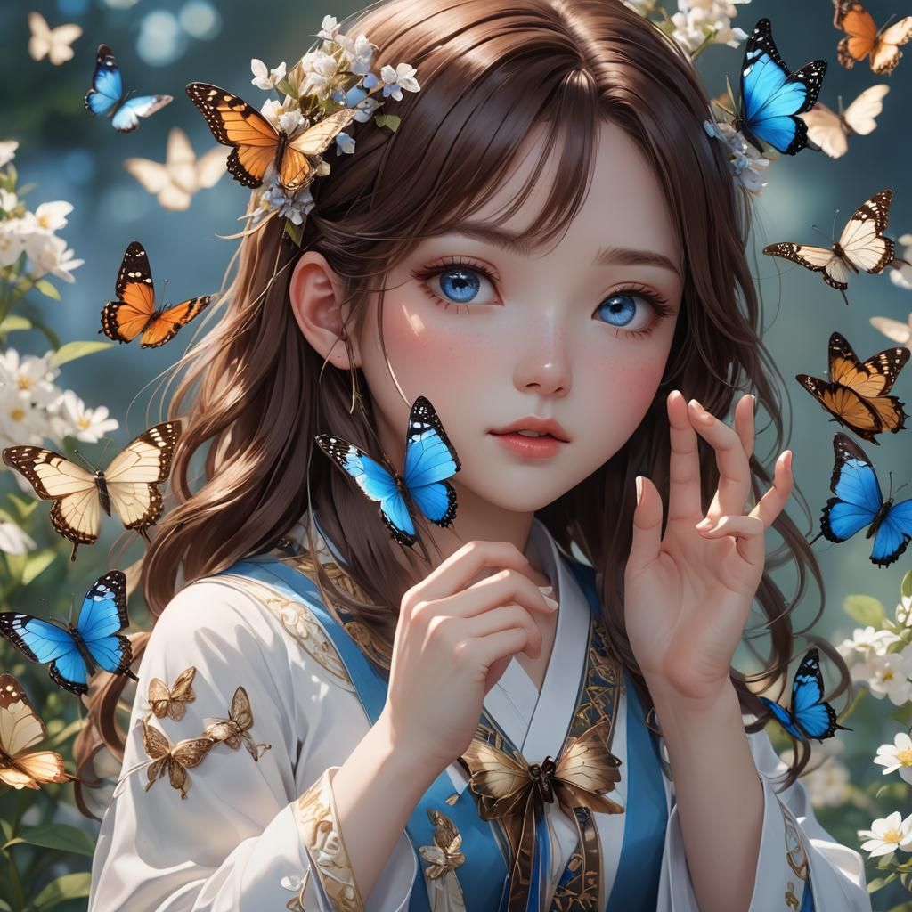 Korean Girl Holding Butterfly: 3D Anime Art