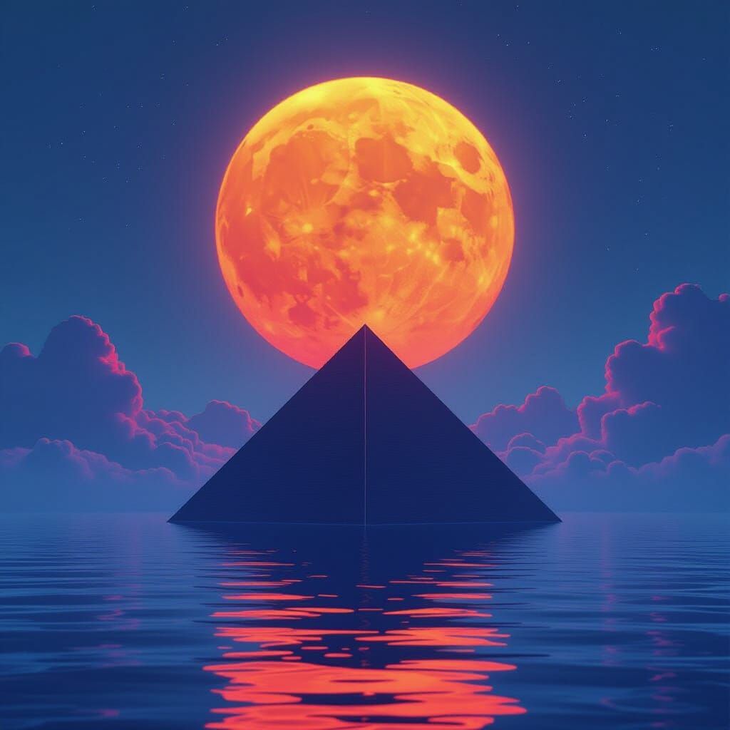 Orange Sphere with Neon Pyramid in Cosmic Horror Style