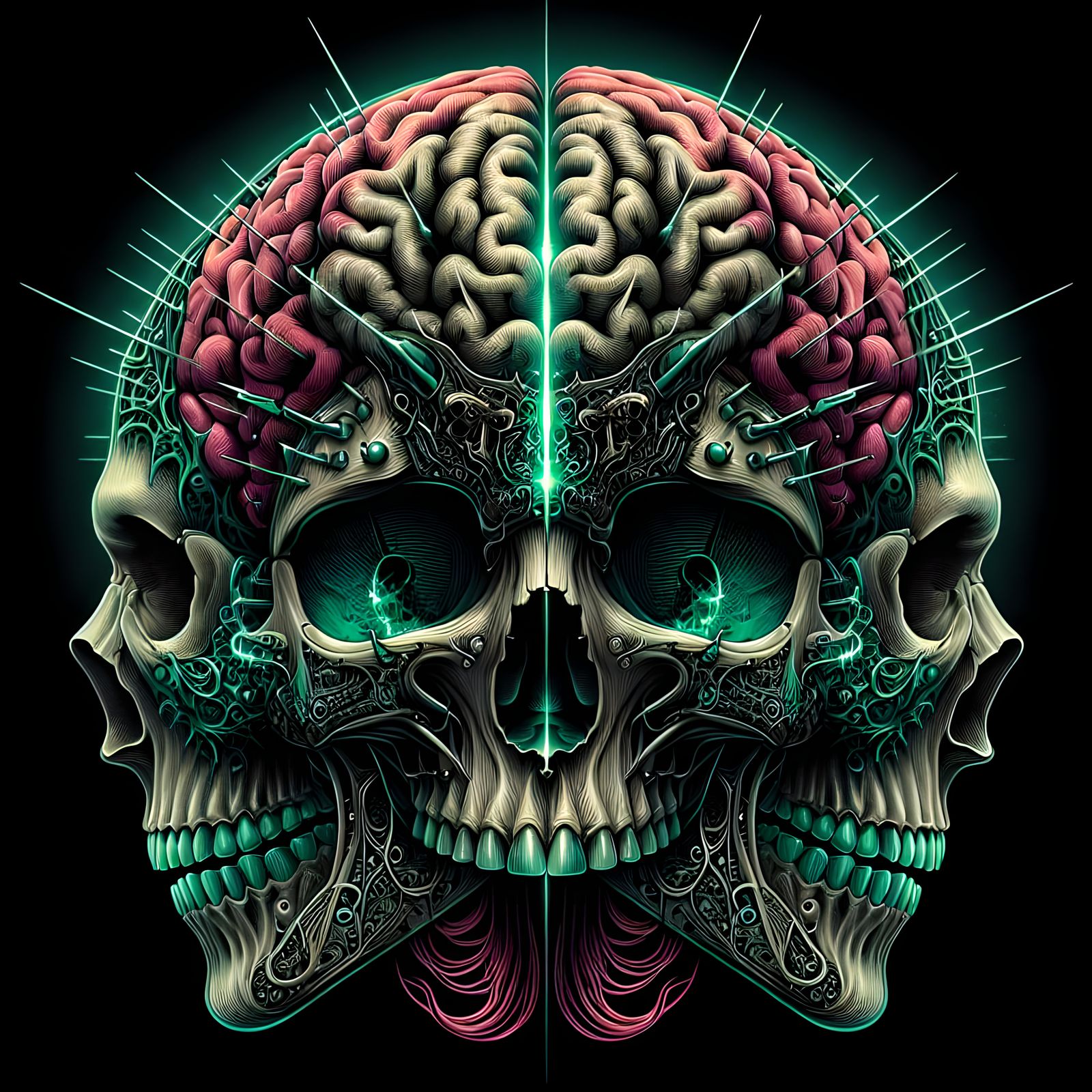 Detailed Brain Portrait with Neon Spikes in Gothic Style