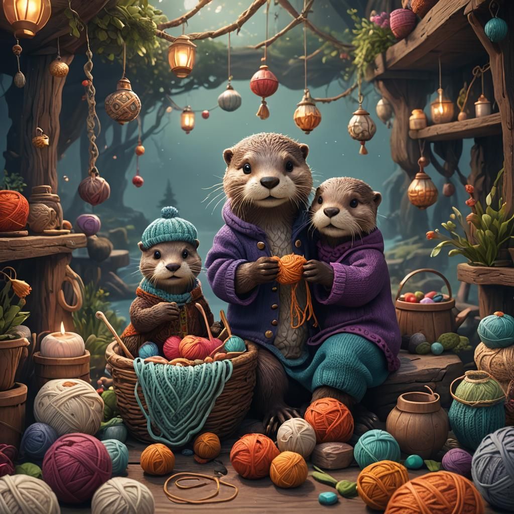 Cute Otter Learns Knitting: Detailed Matte Painting