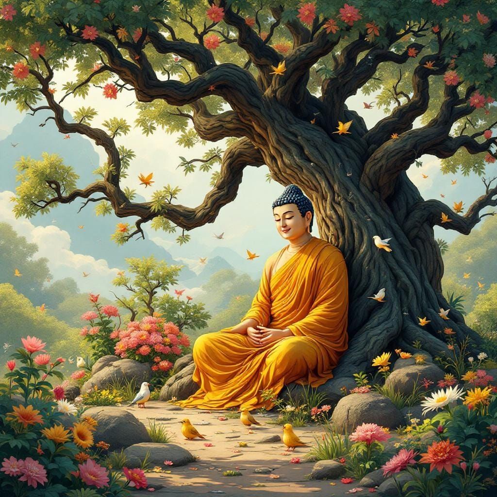 Buddha Meditates Under Bodhi Tree in Vibrant Nature