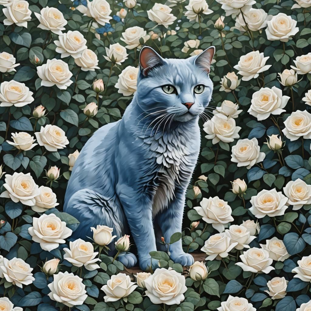 Blue Cat Amidst White Rose Garden