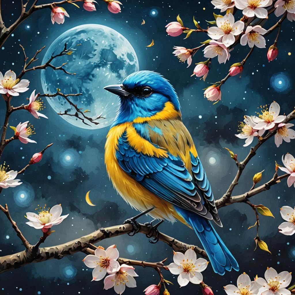Blue and Yellow Bird on Cherry Blossom Branch