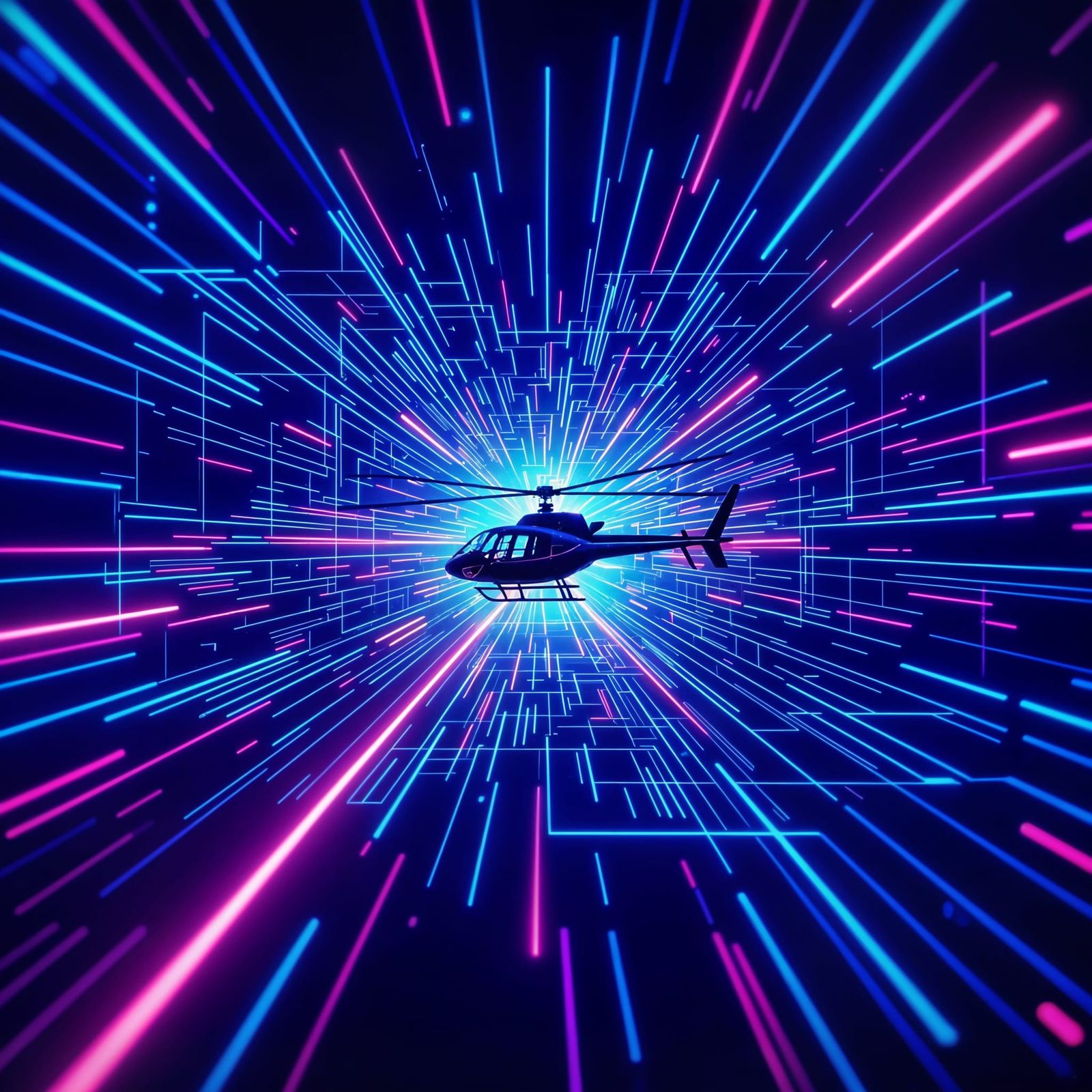 Neon Retrowave Abstract with Distant Helicopter