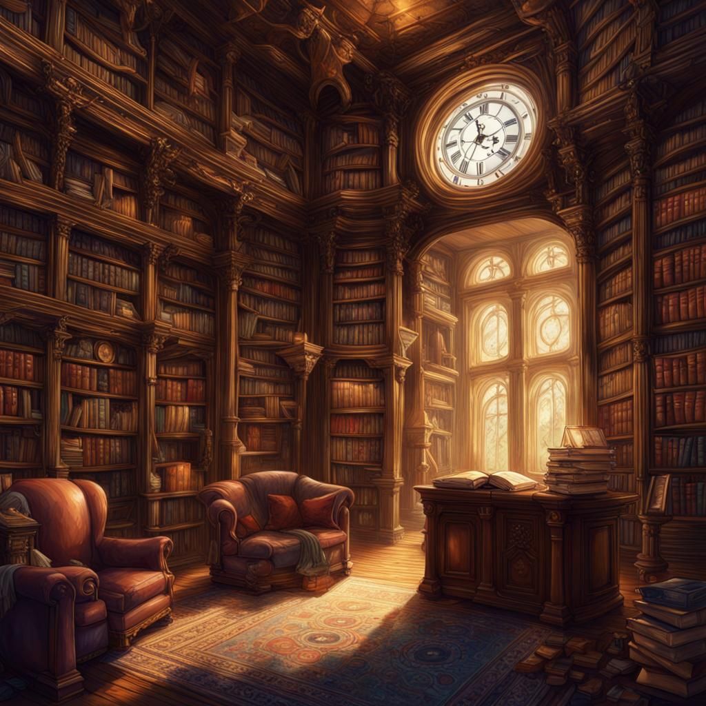Time Travelers' Hidden Library Portal, Hyperrealistic Art
