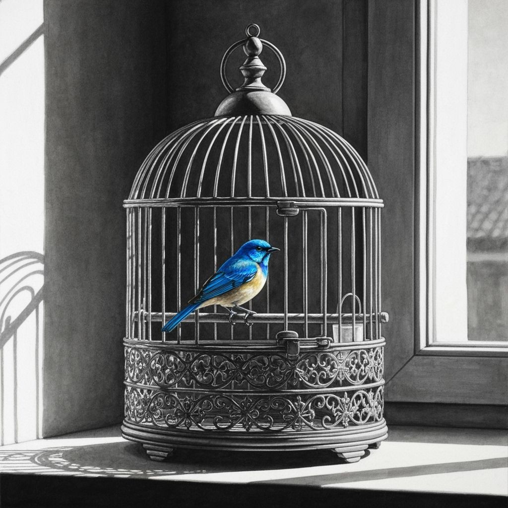 Ornate Birdcage with Luminous Bluebird in Black and White