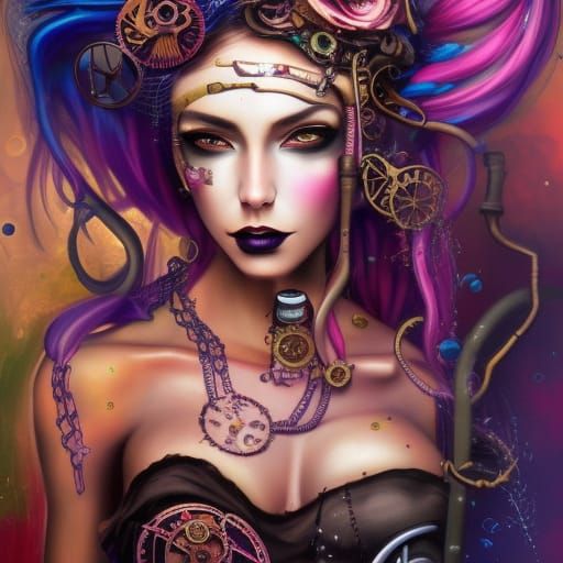 Steampunk Witch Portrait in Graffiti Splash Art Style