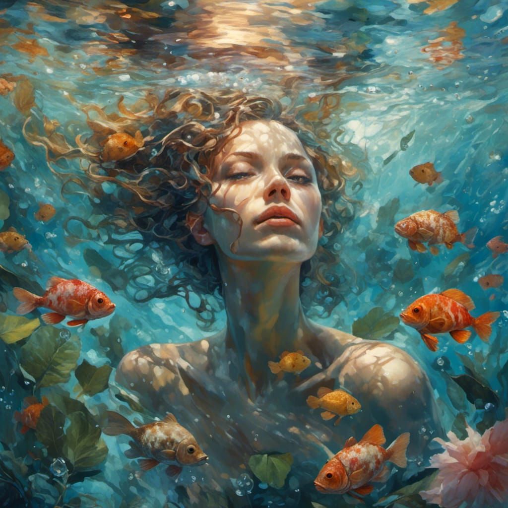 Nude Woman with Water Lilies in Hyperreal Style