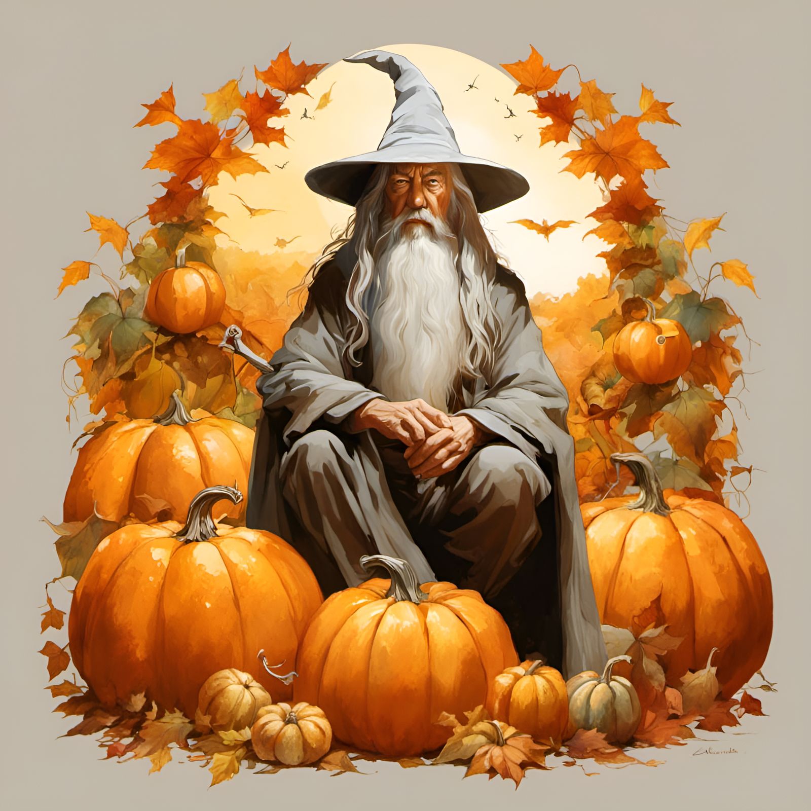 Gandalf Surrounded by Pumpkins: Digital Art Portrait