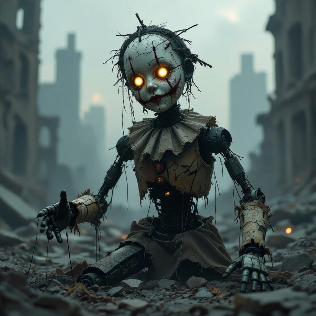 Grotesque Marionette Puppet in Post-Apocalyptic Ruins