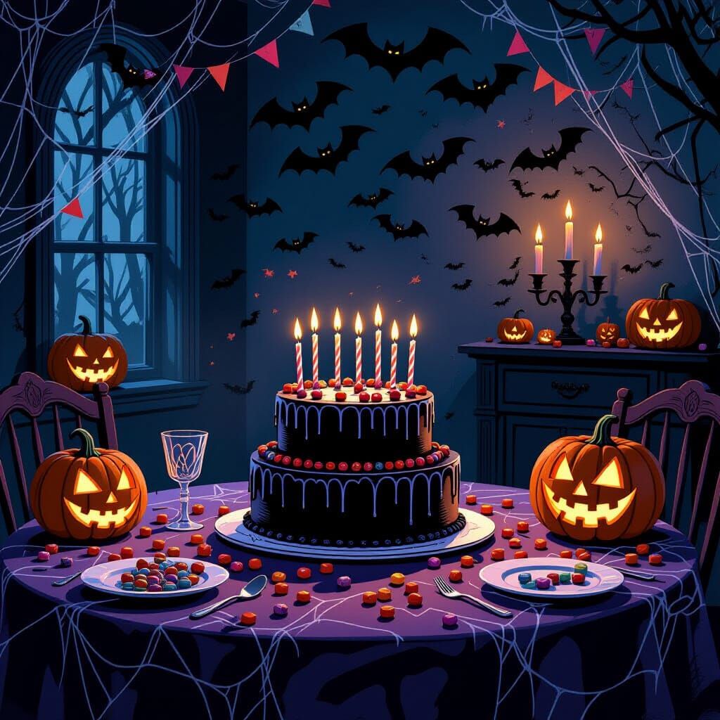 Gothic Birthday Party Scene with Jack-o'-Lanterns