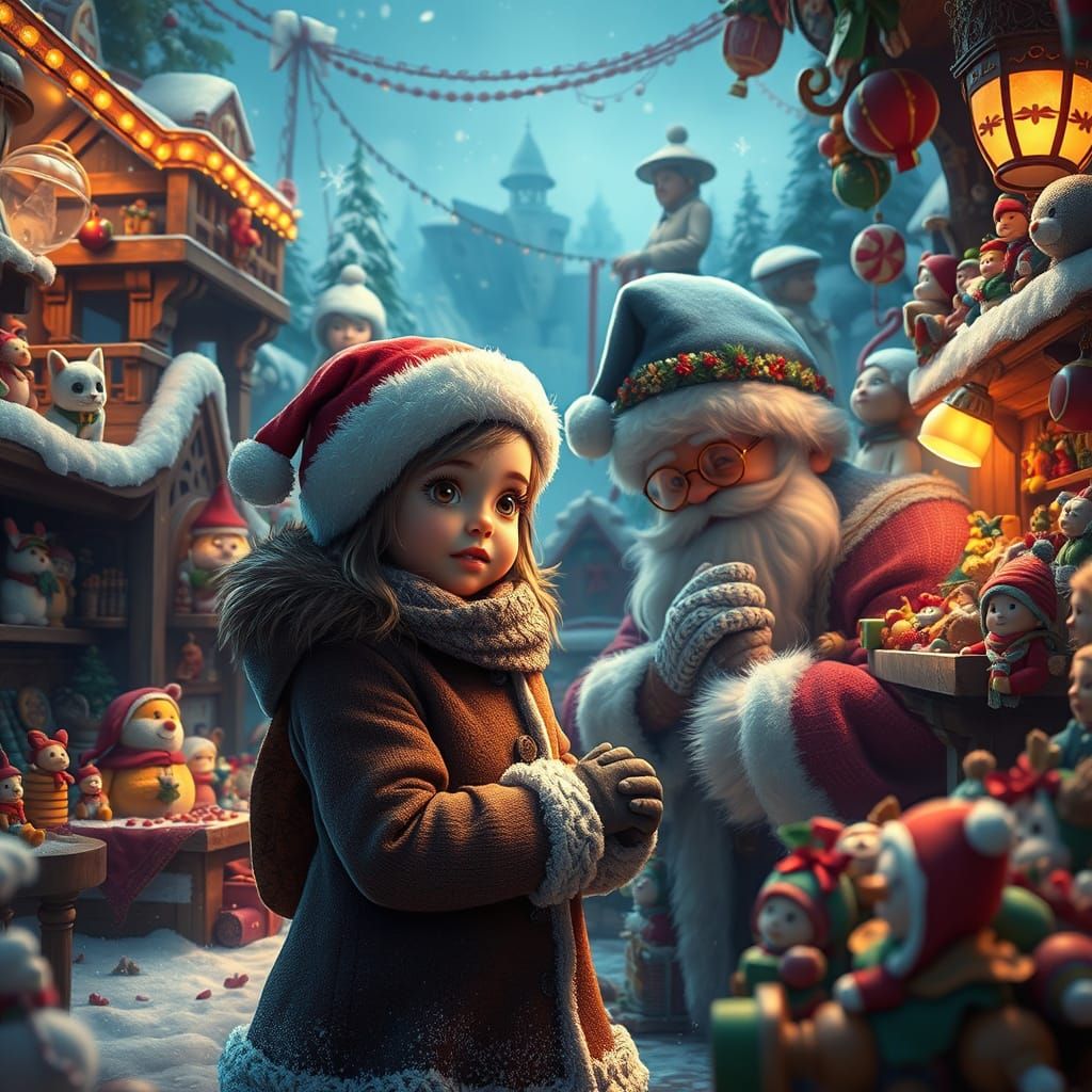 Girl Helps Santa in Toyland Workshop: Fantasy Art