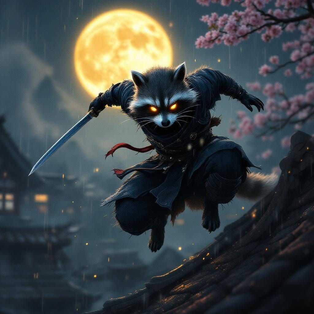 Raccoon Ninja Leaping Across Rooftops at Night