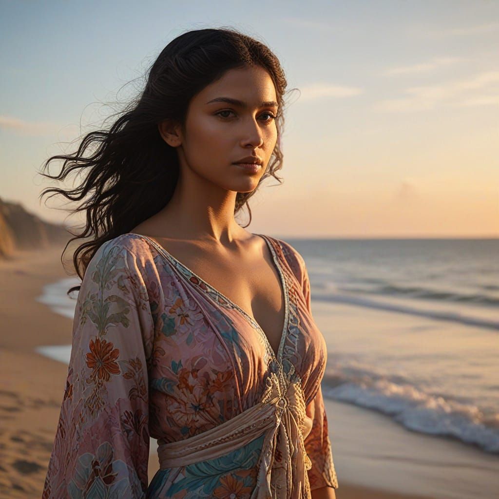 Elegant Indian Woman Portrait on Serene Beach