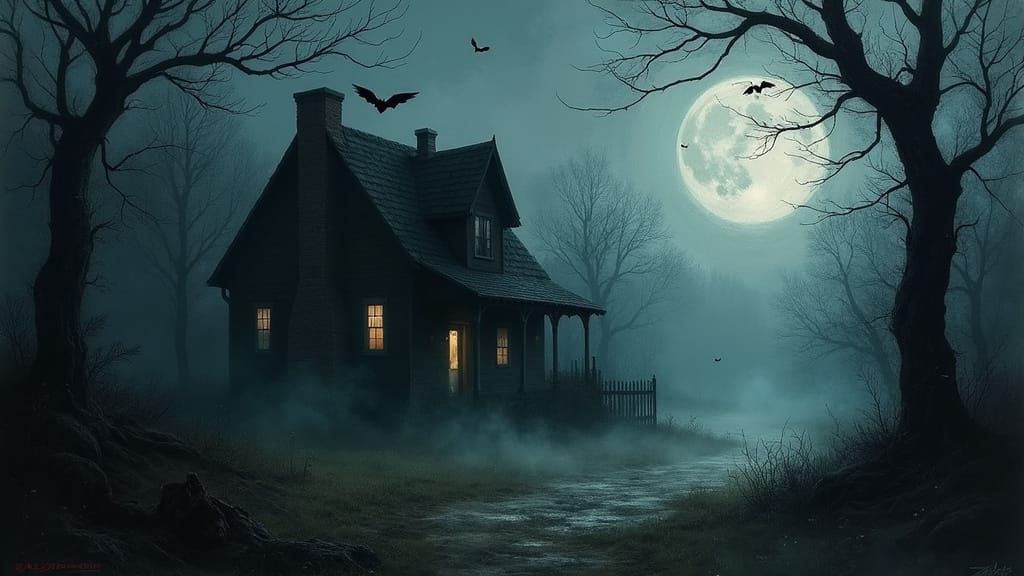 Mysterious Cottage Shrouded in Moonlit Forest