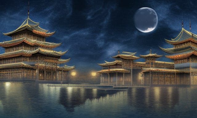 Dramatic Oriental Palace Under Moonlight