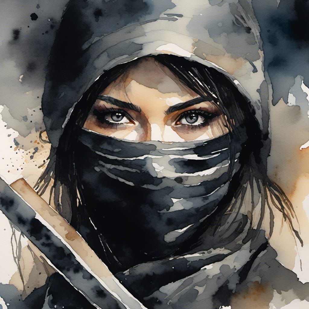 Female Ninja Portrait in Antique Watercolor Style