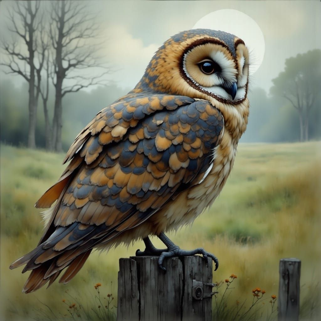 Barn Owl on Fence Post in Painterly Style