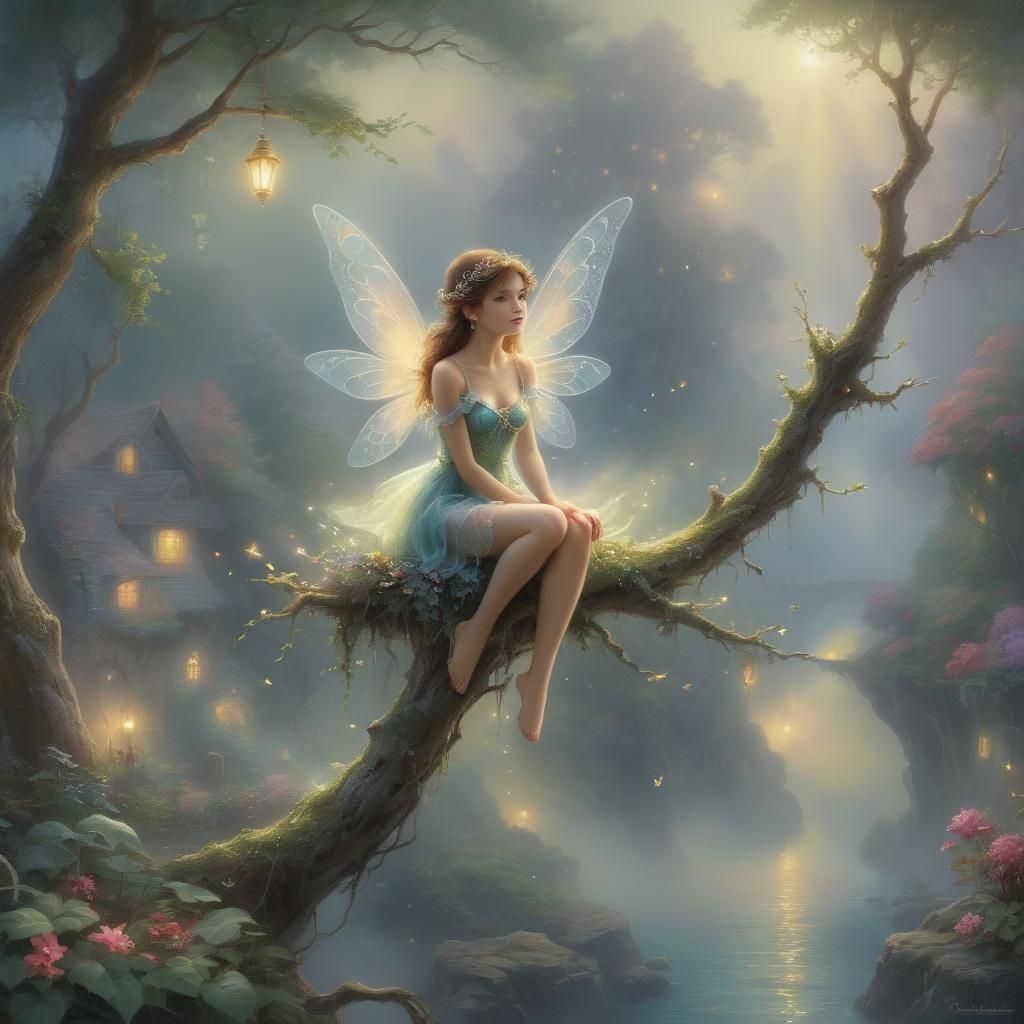Ethereal Fairy on Branch in Fantasy Landscape