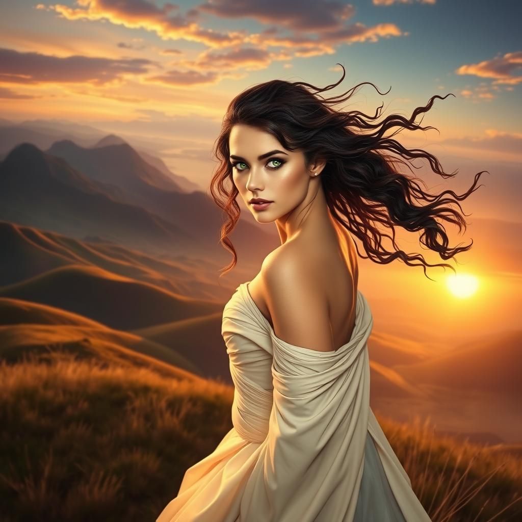 Elegant Woman in Surreal Landscape, Pre-Raphaelite Style