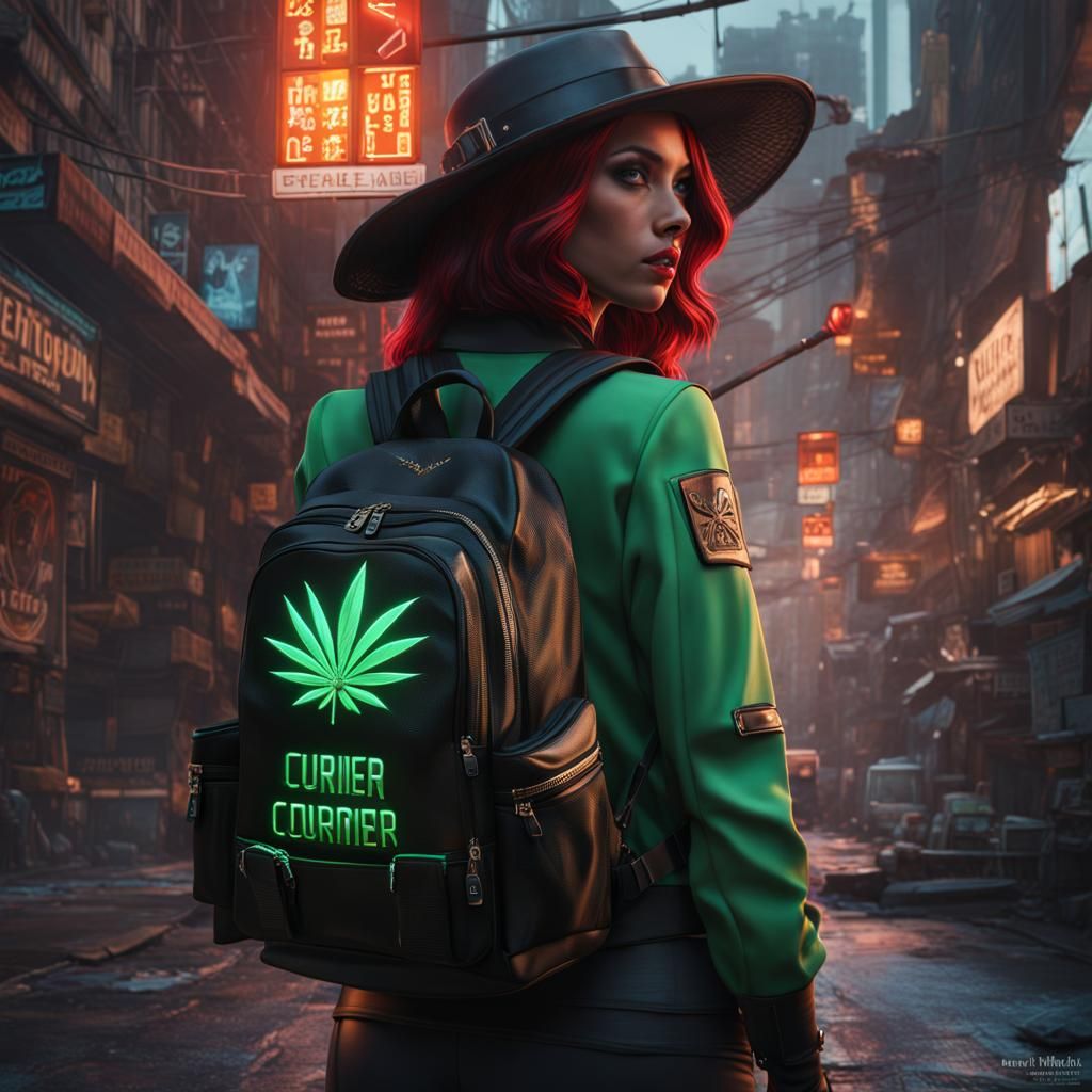 Cyberpunk Courier Girl with Cannabis Backpack