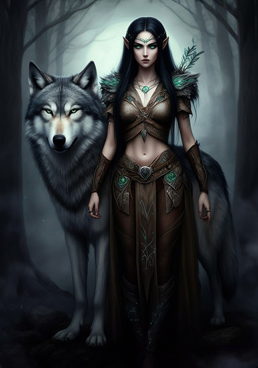 Elven Huntress and Wolf in Misty Forest
