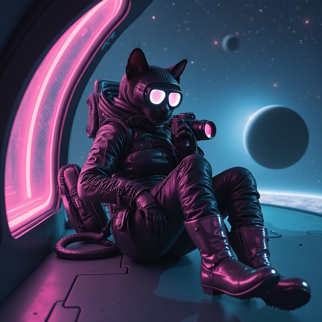 Cat Astronaut Captures Cosmic Views in Futuristic Spaceship