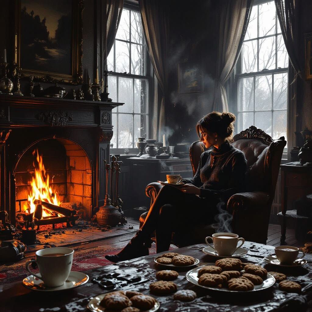 Cozy Fireplace Scene in a Dark Mansion