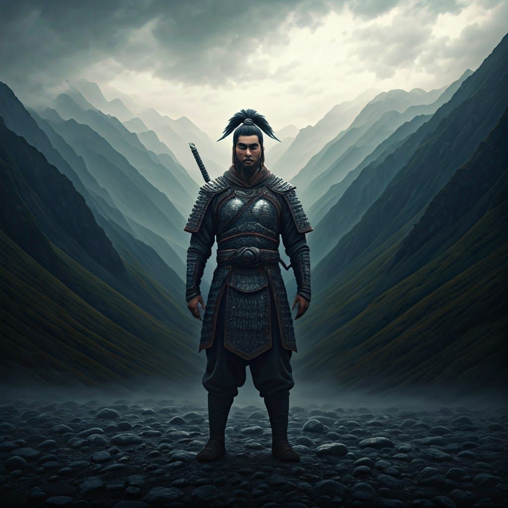 Mystical Asian Warrior in Cinematic Landscape