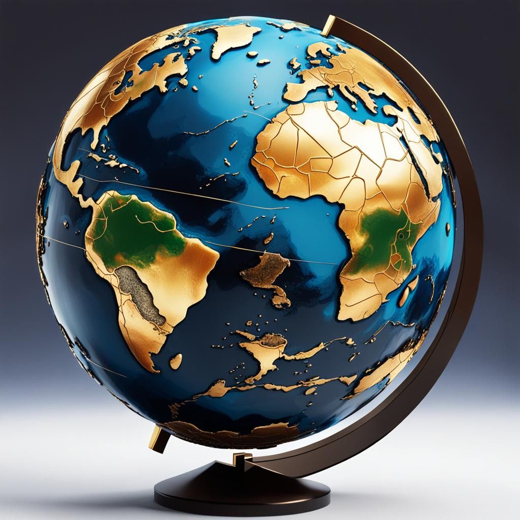 Kintsugi Earth Globe Repaired with Gold in Anime Style